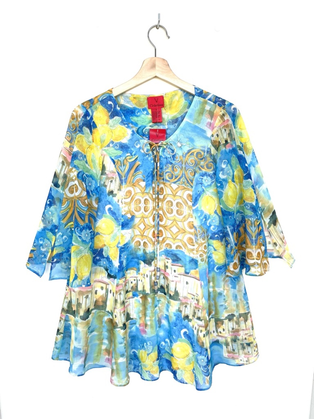V Cristina Chiffon Boho Tunic Blouse Tie Neck Mediterranean Print Bell Sleeve - Picture 7 of 13
